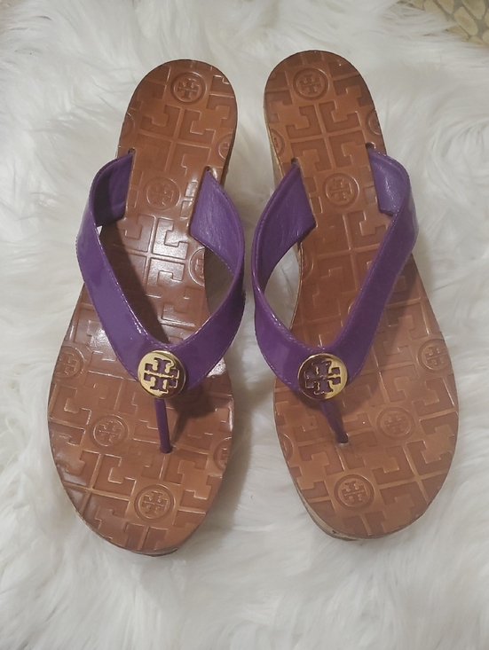 Tory Burch Shoes - Tory Burch Purple Leather Logo Thong Wedge Sandals
